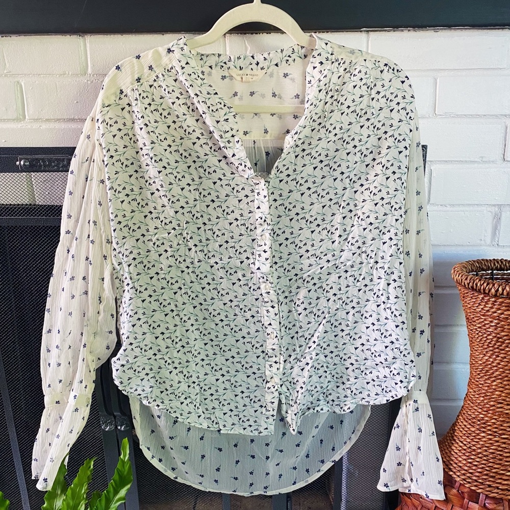 Lucky Brand Ivory and Blue Semi-Sheer Floral Button Up Blouse